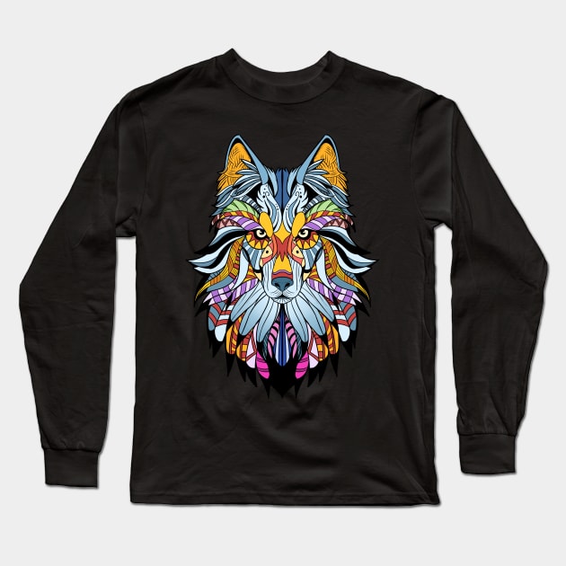 Wolf Gift Product Awesome Native American Art style Wolf Print Long Sleeve T-Shirt by Linco